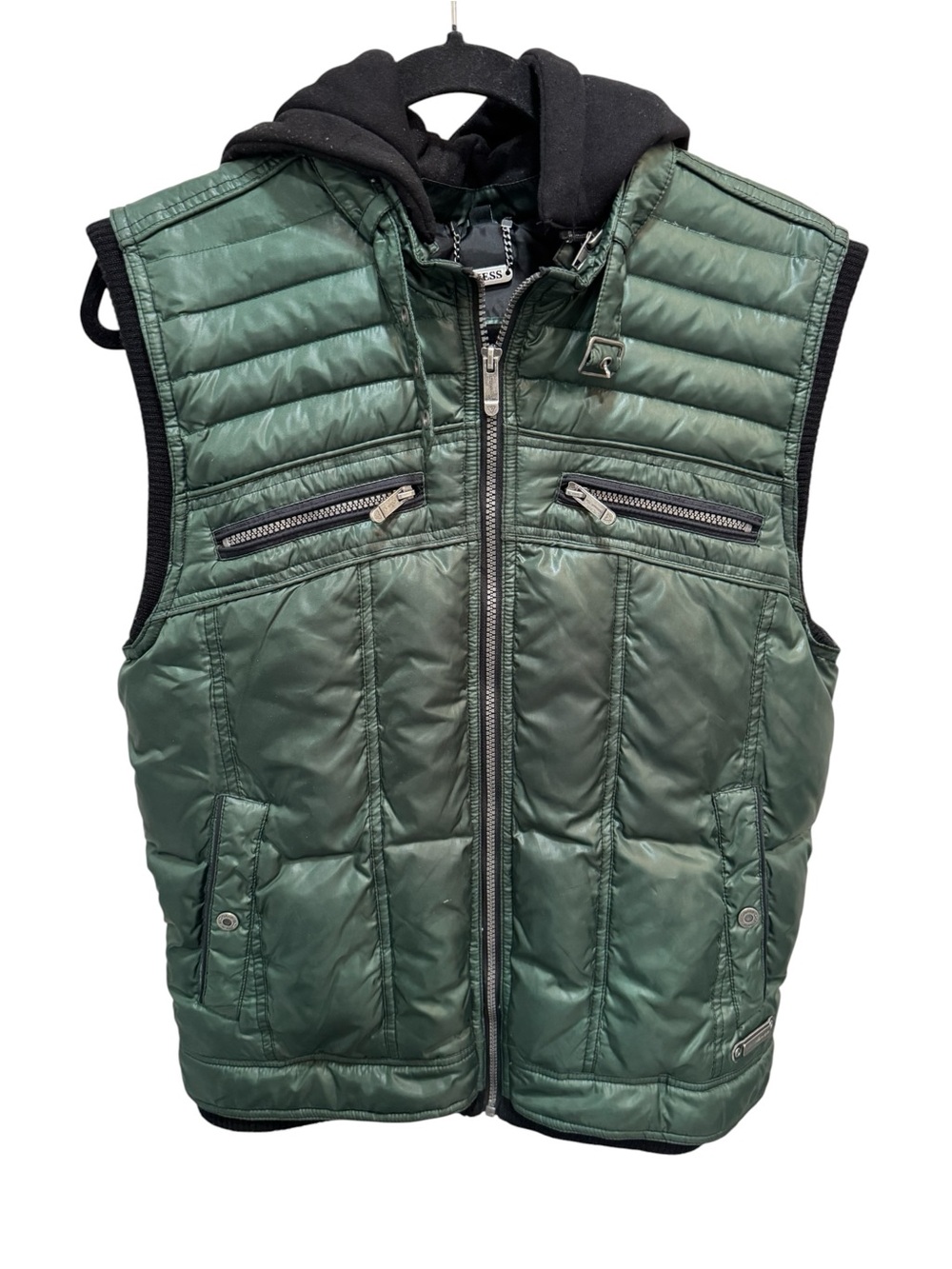 Guess Faux Leather Vest w Detachable Hood Zip Pockets Biker Green Black Mens M